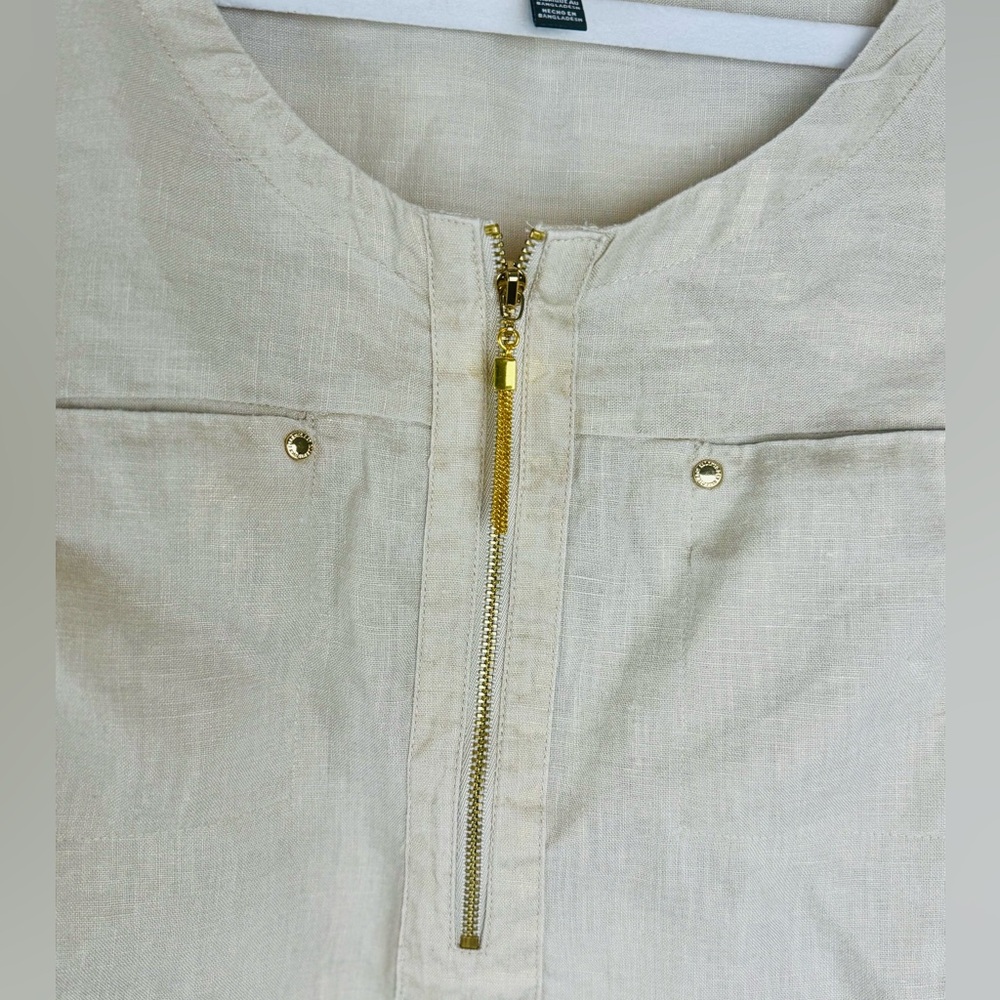 Ellen Tracy 100% Linen Metallic Shimmer Tunic Top Beige Women's L